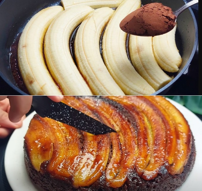 Bolo de cacau com banana na frigideira